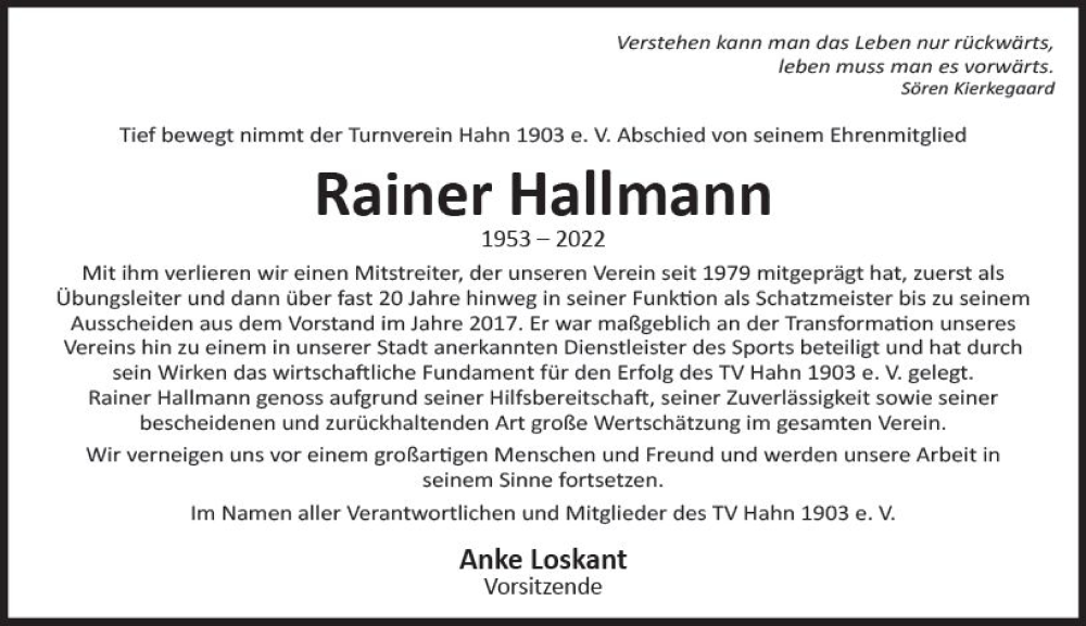  Traueranzeige für Rainer Hallmann vom 18.06.2022 aus vrm-trauer Wiesbadener Kurier