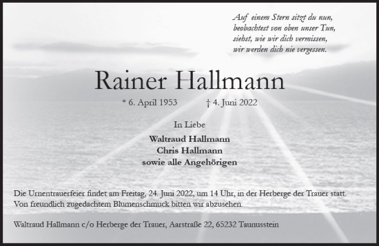Traueranzeige von Rainer Hallmann von vrm-trauer Wiesbadener Kurier