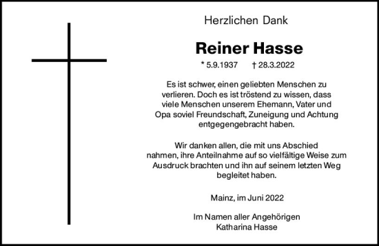 Traueranzeige von Reiner Hasse von vrm-trauer AZ Mainz