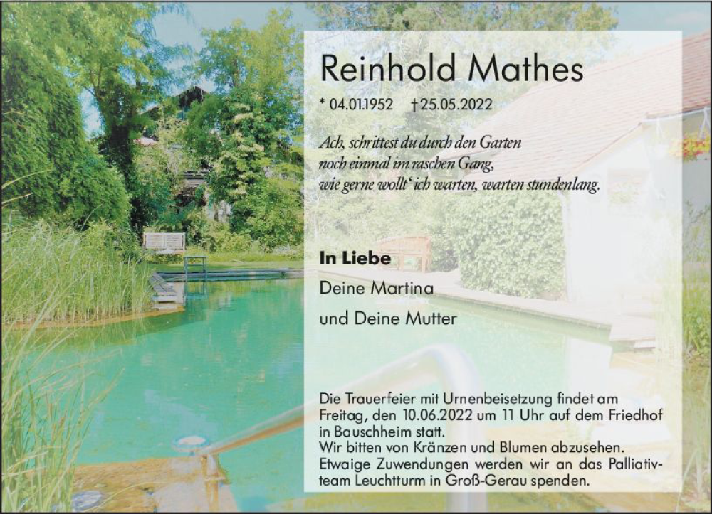  Traueranzeige für Reinhold Mathes vom 04.06.2022 aus vrm-trauer Rüsselsheimer Echo / MainSpitze