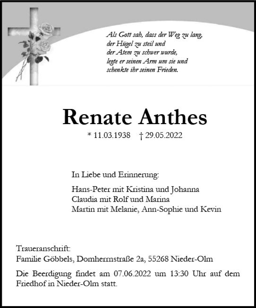  Traueranzeige für Renate Anthes vom 04.06.2022 aus vrm-trauer AZ Mainz