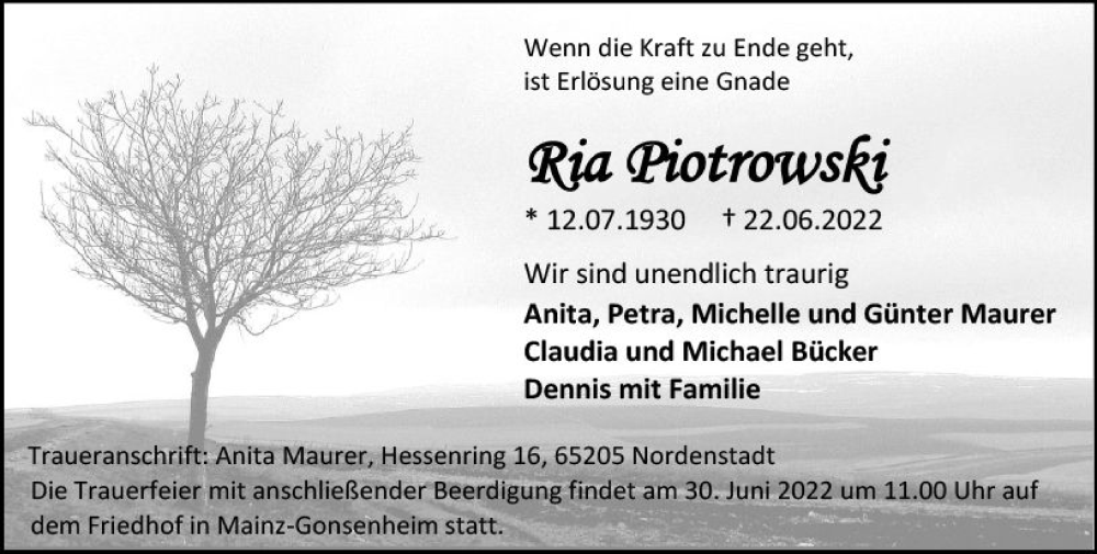  Traueranzeige für Ria Piotrowski vom 25.06.2022 aus vrm-trauer AZ Mainz