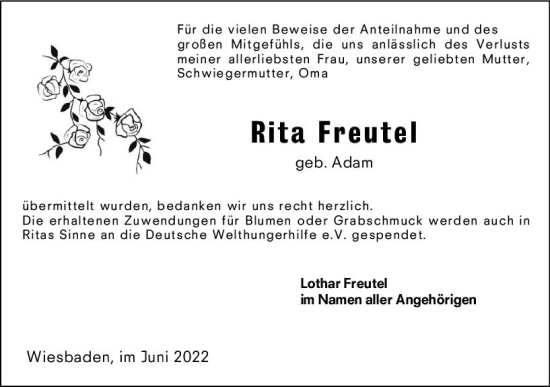 Traueranzeige von Rita Freutel von vrm-trauer Wiesbadener Kurier