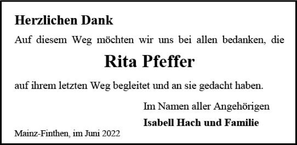 Traueranzeige für Rita Pfeffer vom 11.06.2022 aus vrm-trauer AZ Mainz