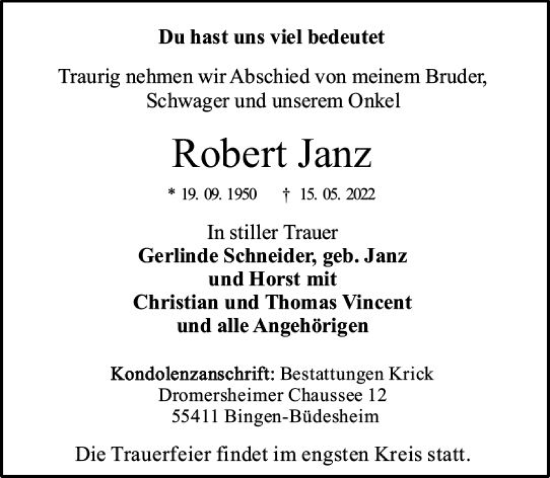Traueranzeige von Robert Janz von vrm-trauer Allgemeine  Zeitung Ingelheim-Bingen