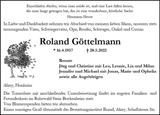 Traueranzeige von Roland Göttelmann von vrm-trauer Allgemeine Zeitung Alzey