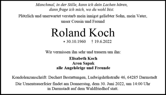 Traueranzeige von Roland Koch von vrm-trauer Darmstädter Echo