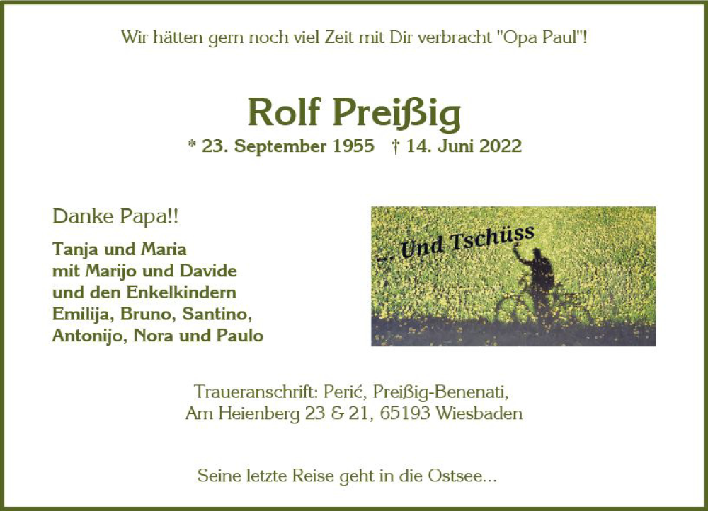  Traueranzeige für Rolf Preißig vom 25.06.2022 aus vrm-trauer Wiesbadener Kurier