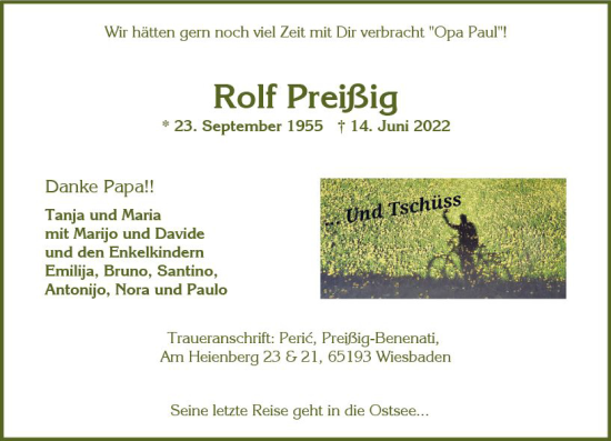 Traueranzeige von Rolf Preißig von vrm-trauer Wiesbadener Kurier