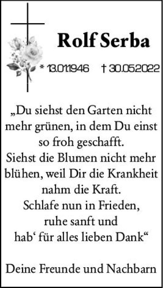  Traueranzeige für Rolf Serba vom 11.06.2022 aus vrm-trauer Darmstädter Echo