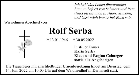 Traueranzeige von Rolf Serba von vrm-trauer Darmstädter Echo