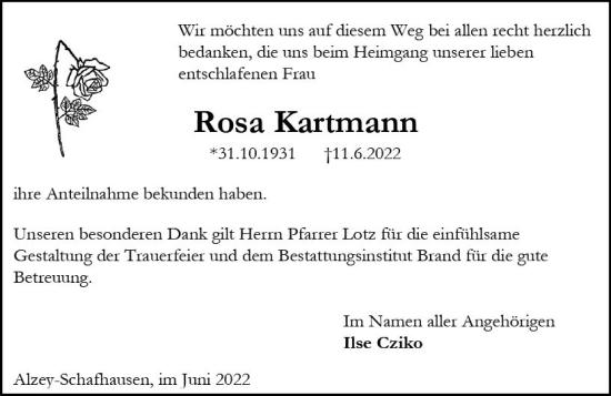 Traueranzeige von Rosa Kartmann von vrm-trauer Allgemeine Zeitung Alzey