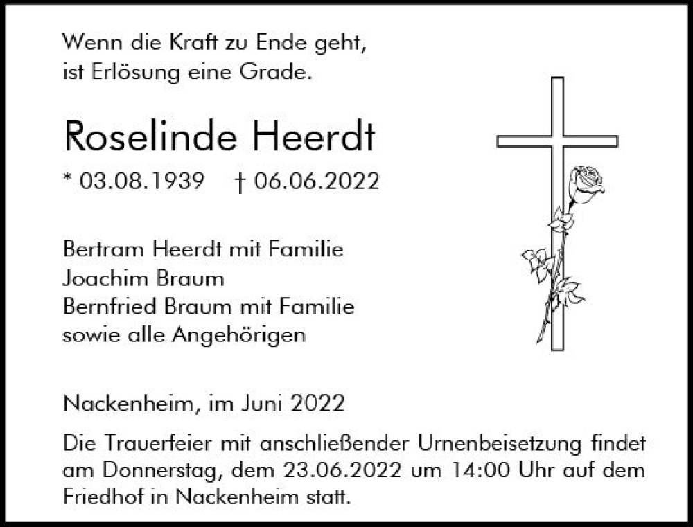 Traueranzeige für Roselinde Heerdt vom 18.06.2022 aus vrm-trauer AZ Mainz