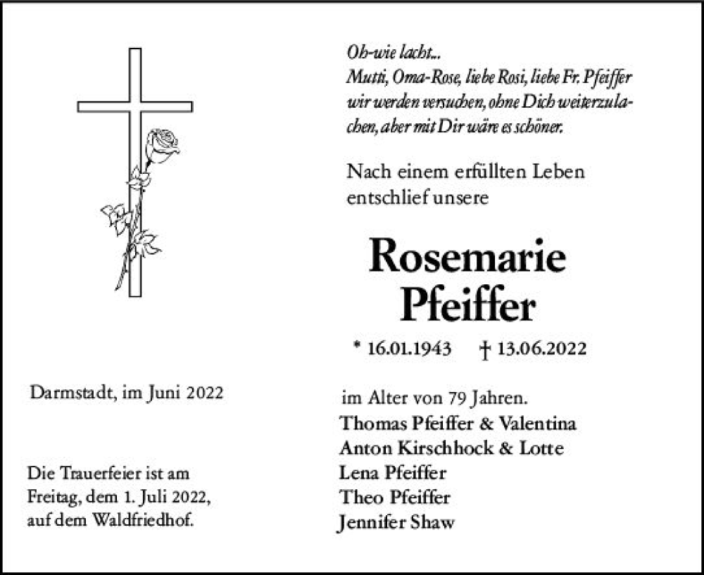  Traueranzeige für Rosemarie Pfeiffer vom 29.06.2022 aus vrm-trauer Darmstädter Echo