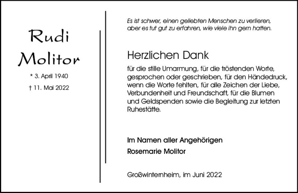  Traueranzeige für Rudi Molitor vom 04.06.2022 aus vrm-trauer Allgemeine  Zeitung Ingelheim-Bingen