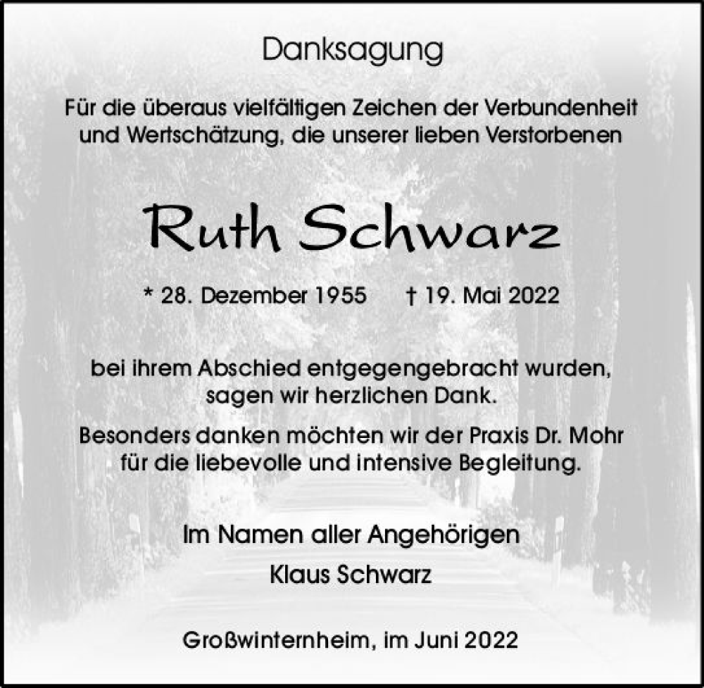 Traueranzeige für Ruth Schwarz vom 25.06.2022 aus vrm-trauer Allgemeine  Zeitung Ingelheim-Bingen