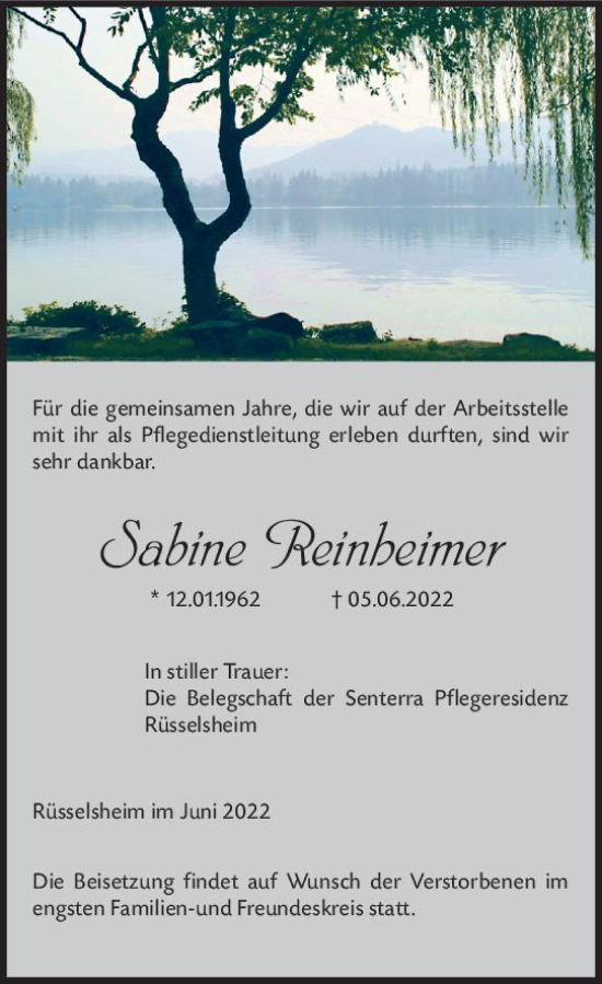 Traueranzeige von Sabine Reinheimer von vrm-trauer Rüsselsheimer Echo / MainSpitze