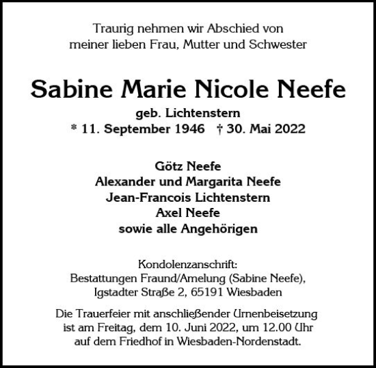 Traueranzeige von Sabine Marie Nicole Neefe von vrm-trauer Wiesbadener Kurier