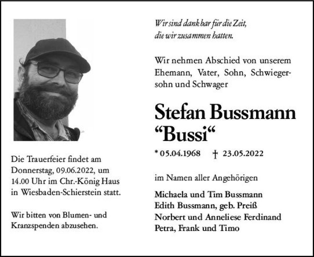  Traueranzeige für Stefan Bussmann vom 04.06.2022 aus vrm-trauer Wiesbadener Kurier