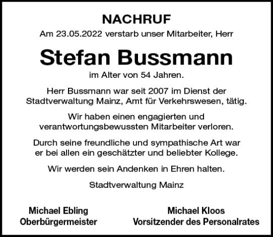 Traueranzeige von Stefan Bussmann von vrm-trauer AZ Mainz