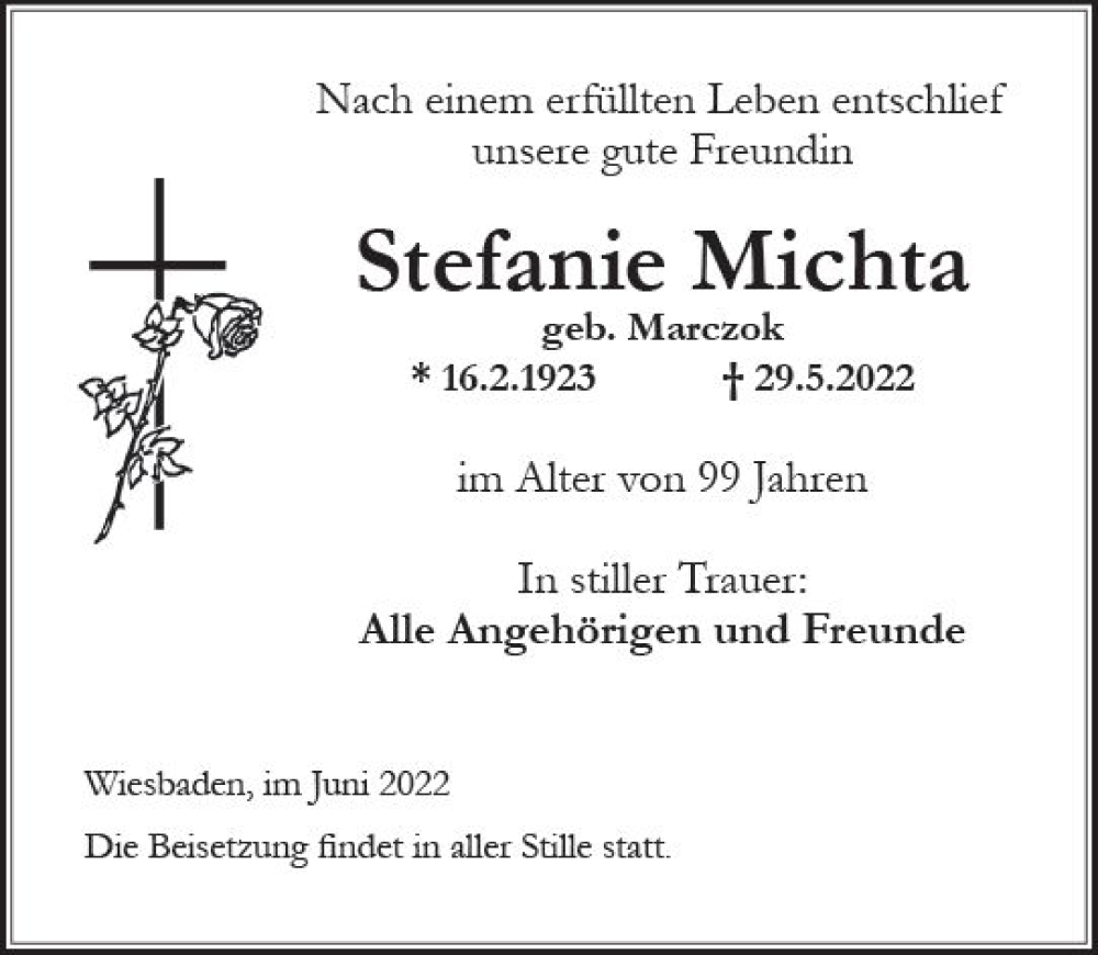 Traueranzeige für Stefanie Michta vom 25.06.2022 aus vrm-trauer Wiesbadener Kurier