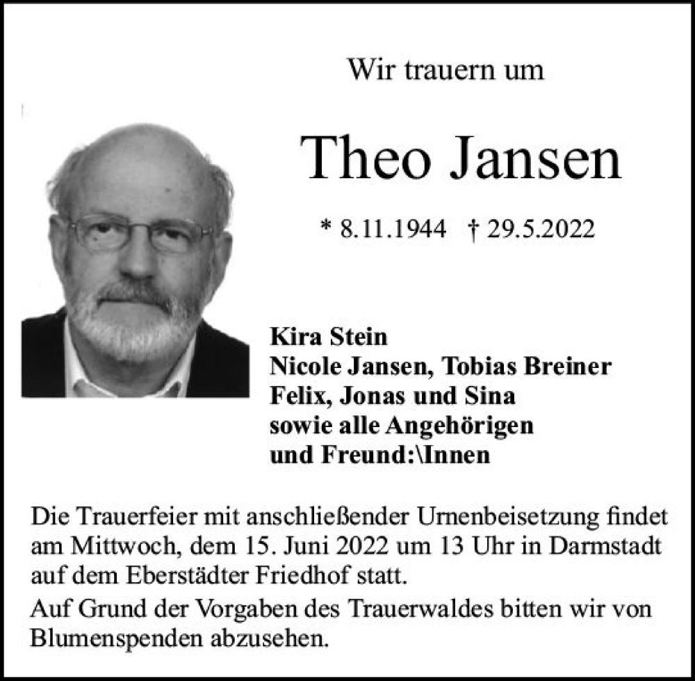  Traueranzeige für Theo Jansen vom 11.06.2022 aus vrm-trauer Darmstädter Echo