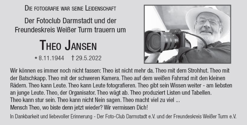  Traueranzeige für Theo Jansen vom 11.06.2022 aus vrm-trauer Darmstädter Echo