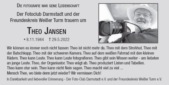 Traueranzeige von Theo Jansen von vrm-trauer Darmstädter Echo