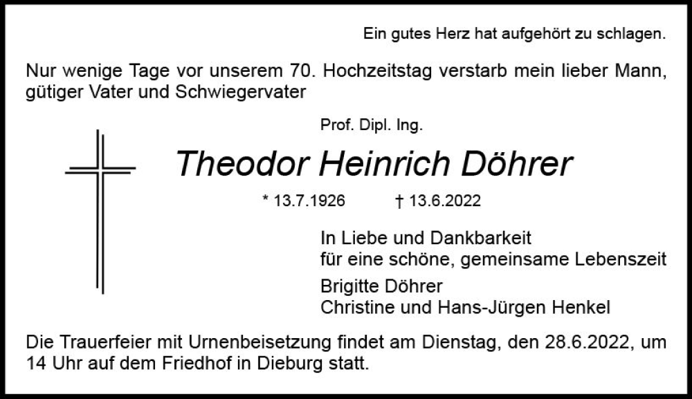  Traueranzeige für Theodor Heinrich Döhrer vom 25.06.2022 aus vrm-trauer DieburgerAnzeiger/Groß-Zimmerner Lokala