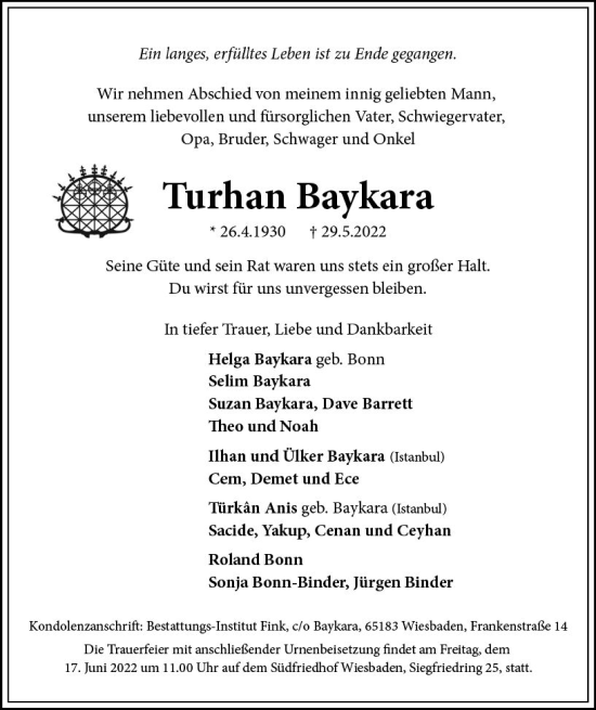 Traueranzeige von Turhan Baykara von vrm-trauer Wiesbadener Kurier
