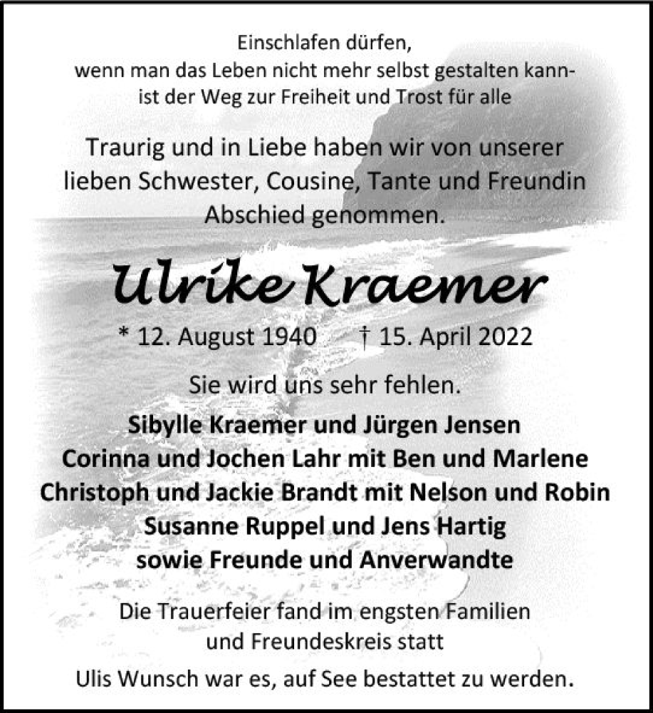  Traueranzeige für Ulrike Kraemer vom 04.06.2022 aus vrm-trauer AZ Mainz