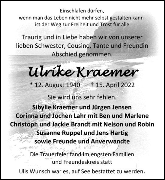 Traueranzeige von Ulrike Kraemer von vrm-trauer AZ Mainz