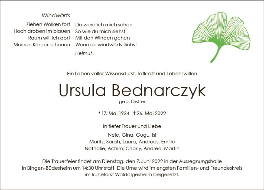  Traueranzeige für Ursula Bednarczyk vom 04.06.2022 aus vrm-trauer Allgemeine  Zeitung Ingelheim-Bingen