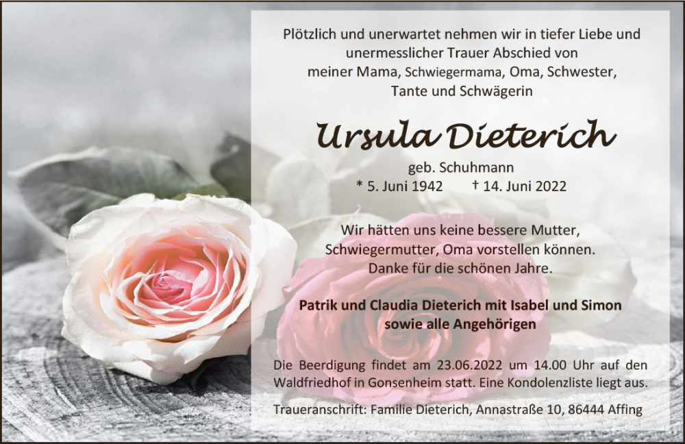  Traueranzeige für Ursula Dieterich vom 18.06.2022 aus vrm-trauer AZ Mainz