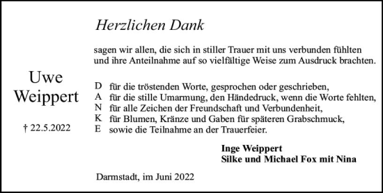 Traueranzeige von Uwe Weippert von vrm-trauer Darmstädter Echo