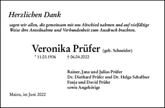 Traueranzeige von Veronika Prüfer von vrm-trauer Allgemeine  Zeitung Ingelheim-Bingen