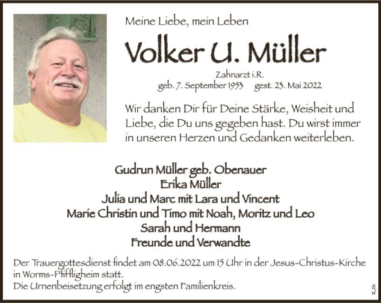 Traueranzeige von Volker U. Müller von vrm-trauer Wormser Zeitung
