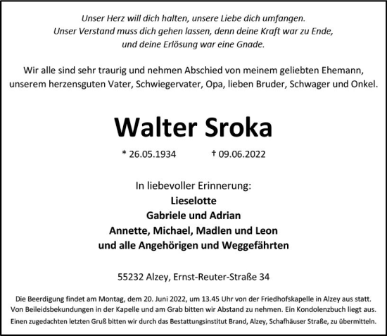 Traueranzeige von Walter Sroka von vrm-trauer Allgemeine Zeitung Alzey