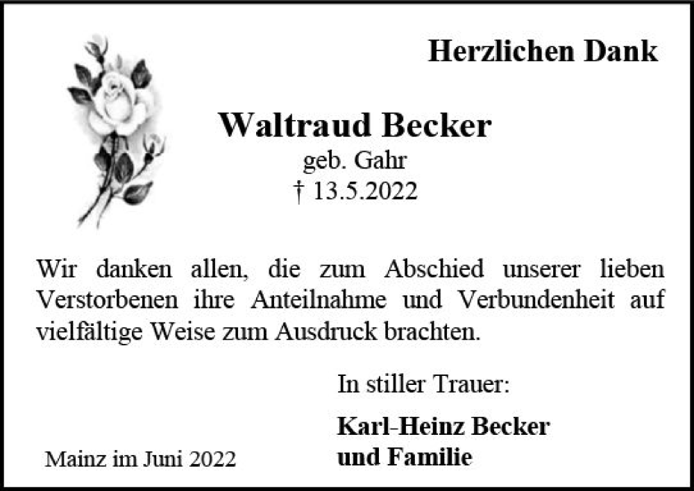  Traueranzeige für Waltraud Becker vom 11.06.2022 aus vrm-trauer AZ Mainz