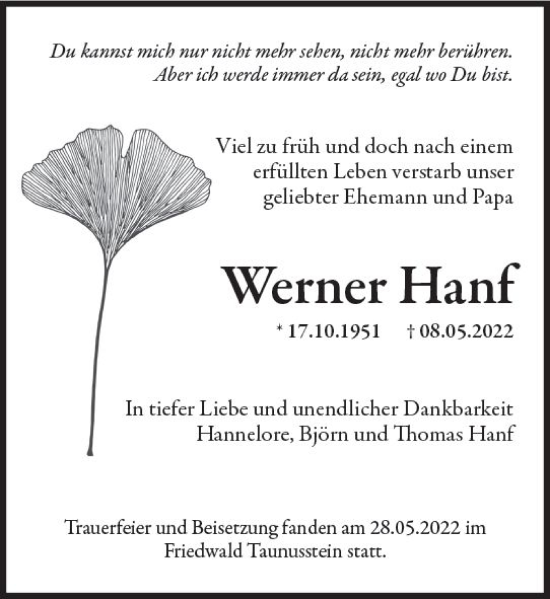 Traueranzeige von Werner Hanf von vrm-trauer WK-UTA