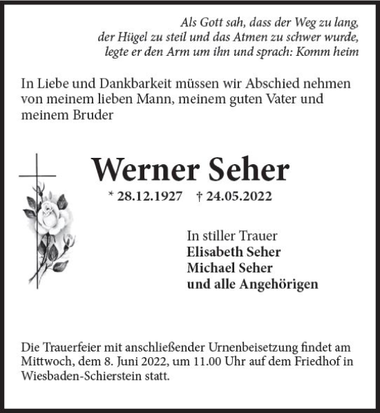 Traueranzeige von Werner Seher von vrm-trauer Wiesbadener Kurier