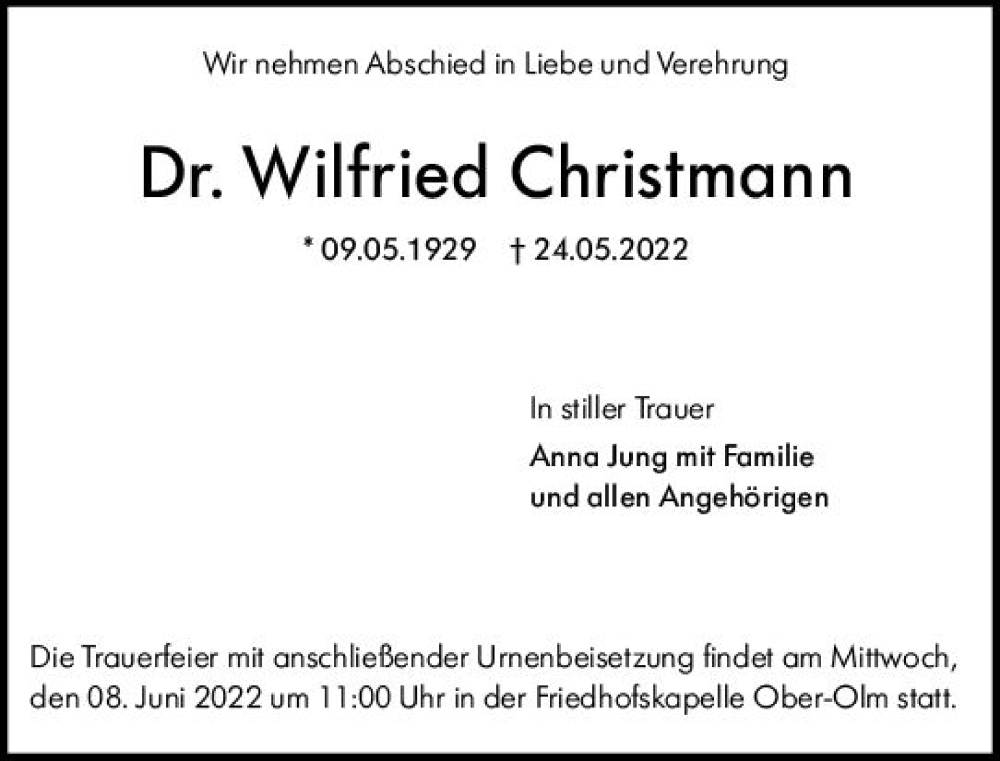  Traueranzeige für Wilfried Christmann vom 04.06.2022 aus vrm-trauer AZ Mainz