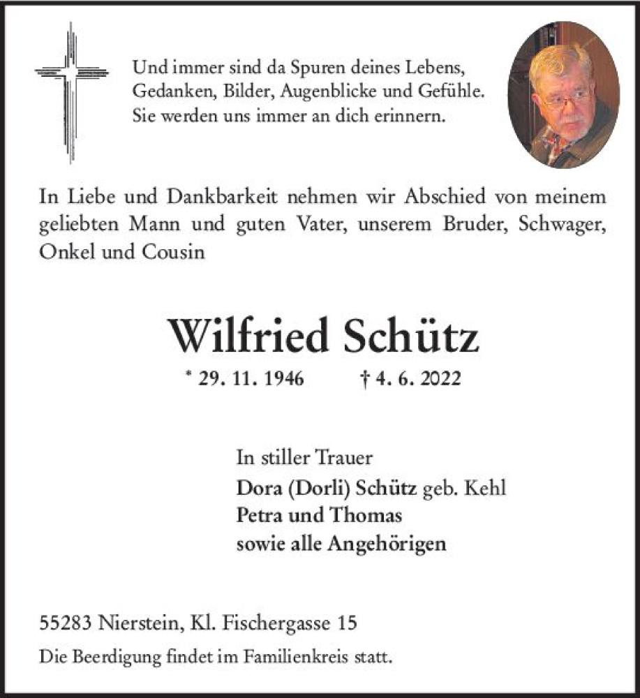  Traueranzeige für Wilfried Schütz vom 11.06.2022 aus vrm-trauer AZ Mainz