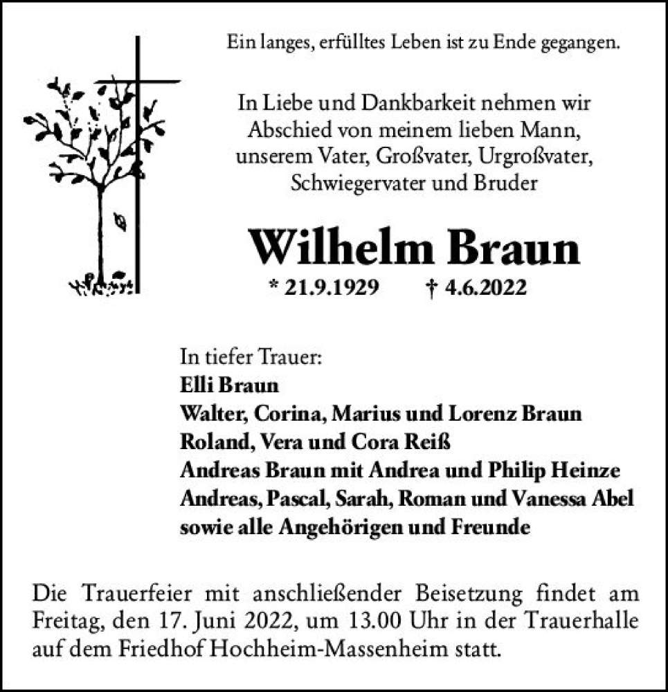  Traueranzeige für Wilhelm Braun vom 10.06.2022 aus vrm-trauer Hochheimer Zeitung