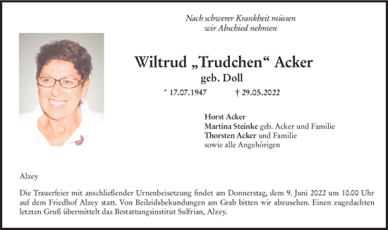 Traueranzeige von Wiltrud Acker von vrm-trauer Allgemeine Zeitung Alzey
