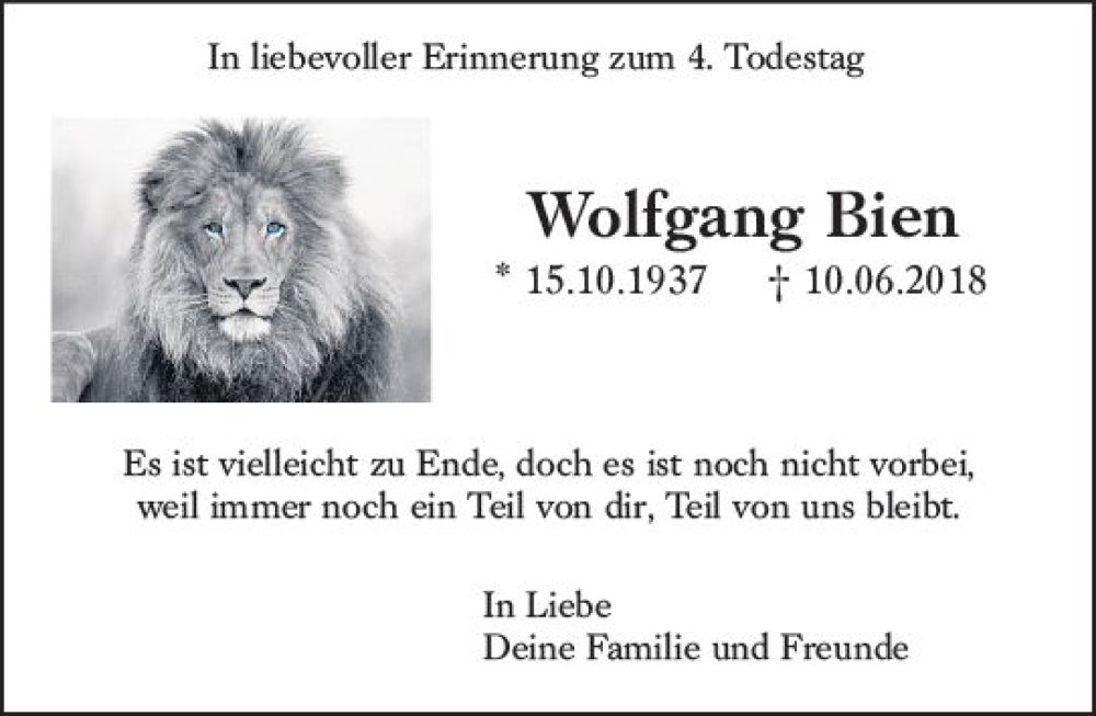  Traueranzeige für Wolfgang Bien vom 10.06.2022 aus vrm-trauer Darmstädter Echo