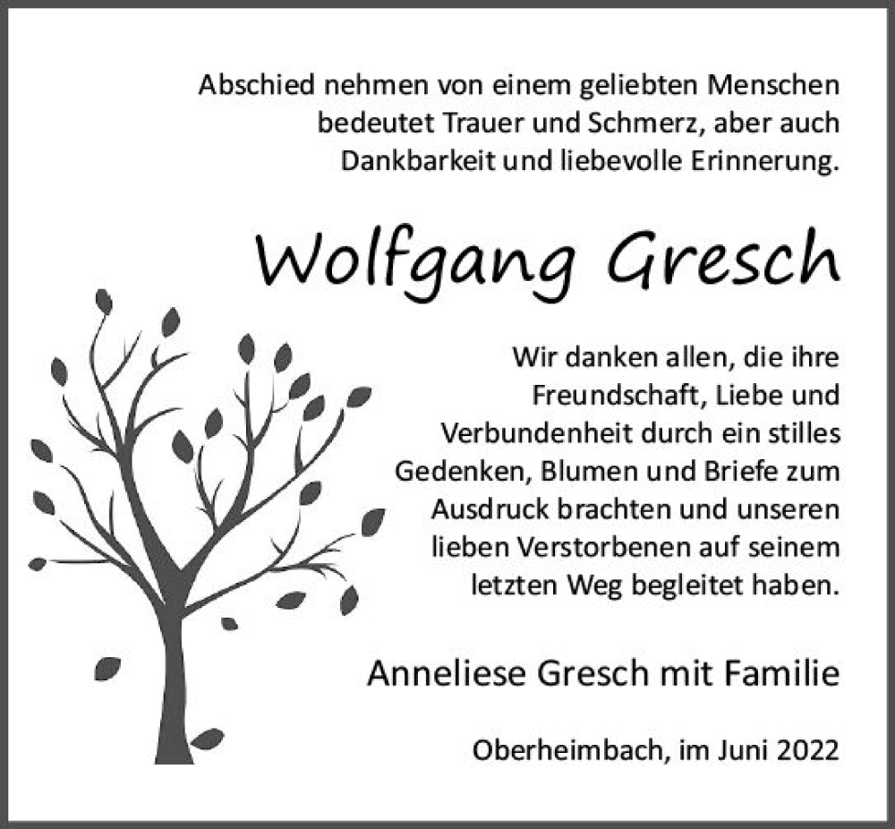  Traueranzeige für Wolfgang Gresch vom 04.06.2022 aus vrm-trauer Allgemeine  Zeitung Ingelheim-Bingen