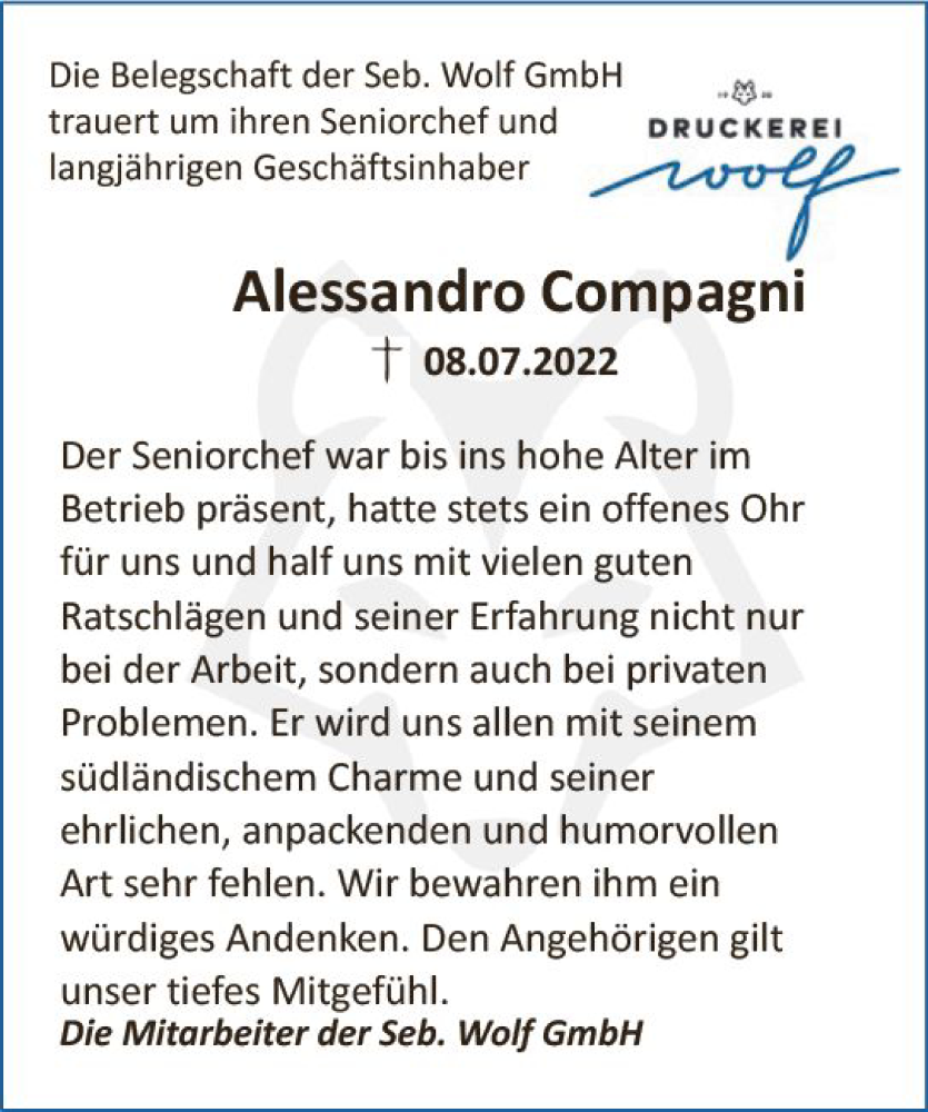  Traueranzeige für Alessandro Compagni vom 16.07.2022 aus vrm-trauer Wiesbadener Kurier