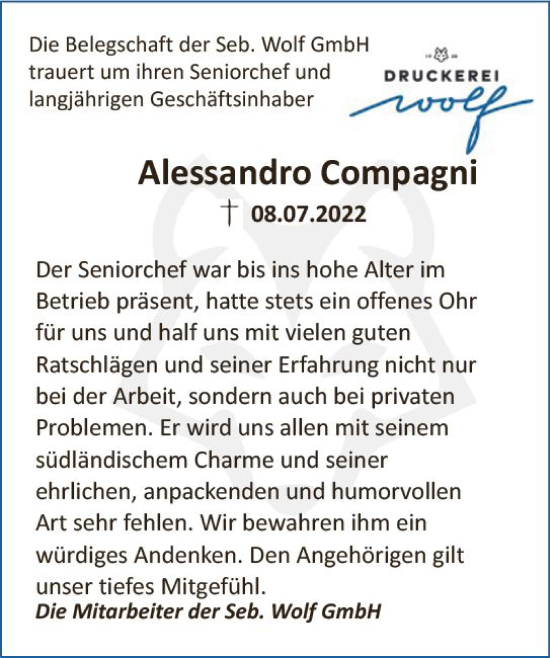 Traueranzeige von Alessandro Compagni von vrm-trauer Wiesbadener Kurier