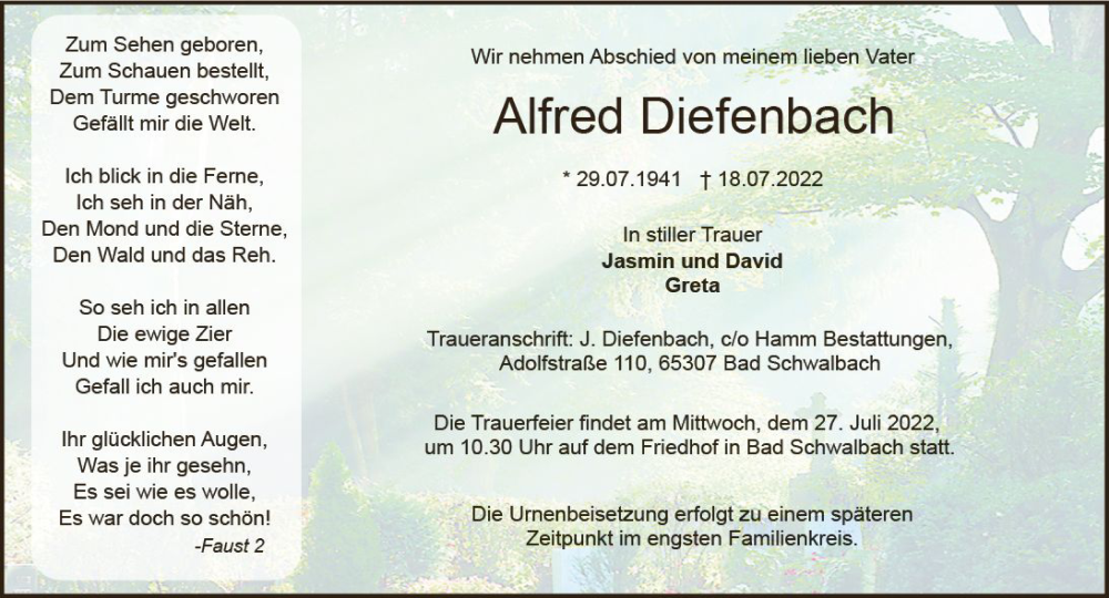  Traueranzeige für Alfred Diefenbach vom 23.07.2022 aus vrm-trauer Wiesbadener Kurier